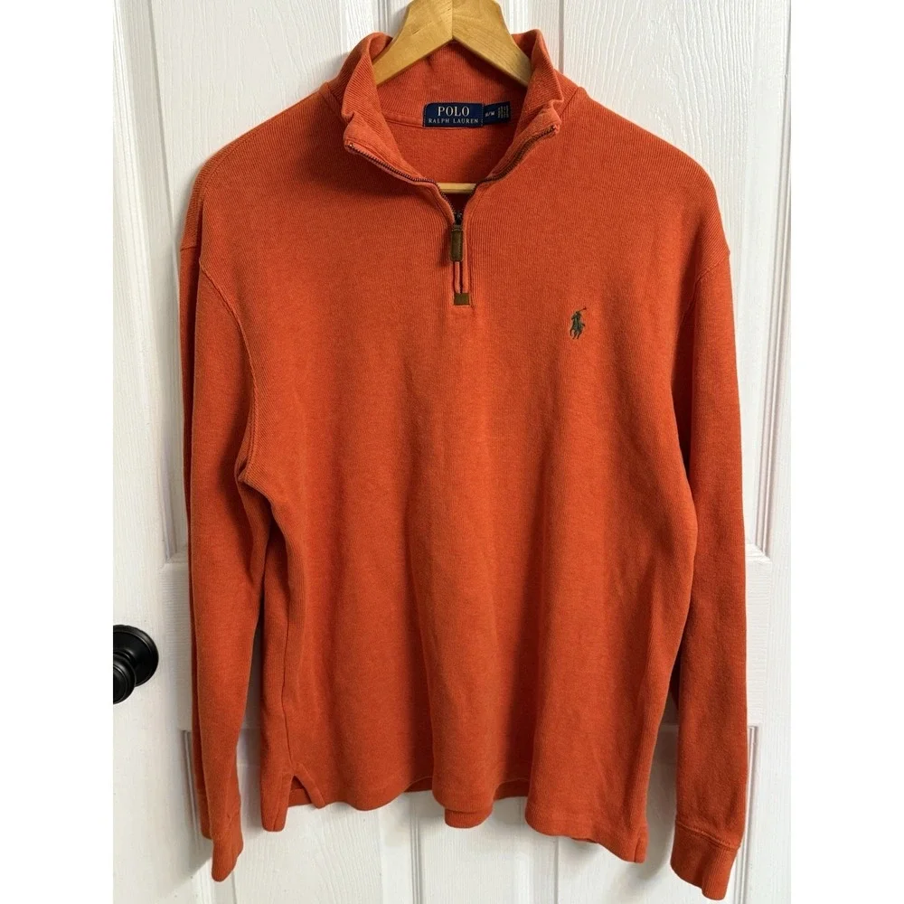 Polo Ralph Lauren 1/4 Zip Pullover Men Medium Orange Preppy Pony Classic Sweater